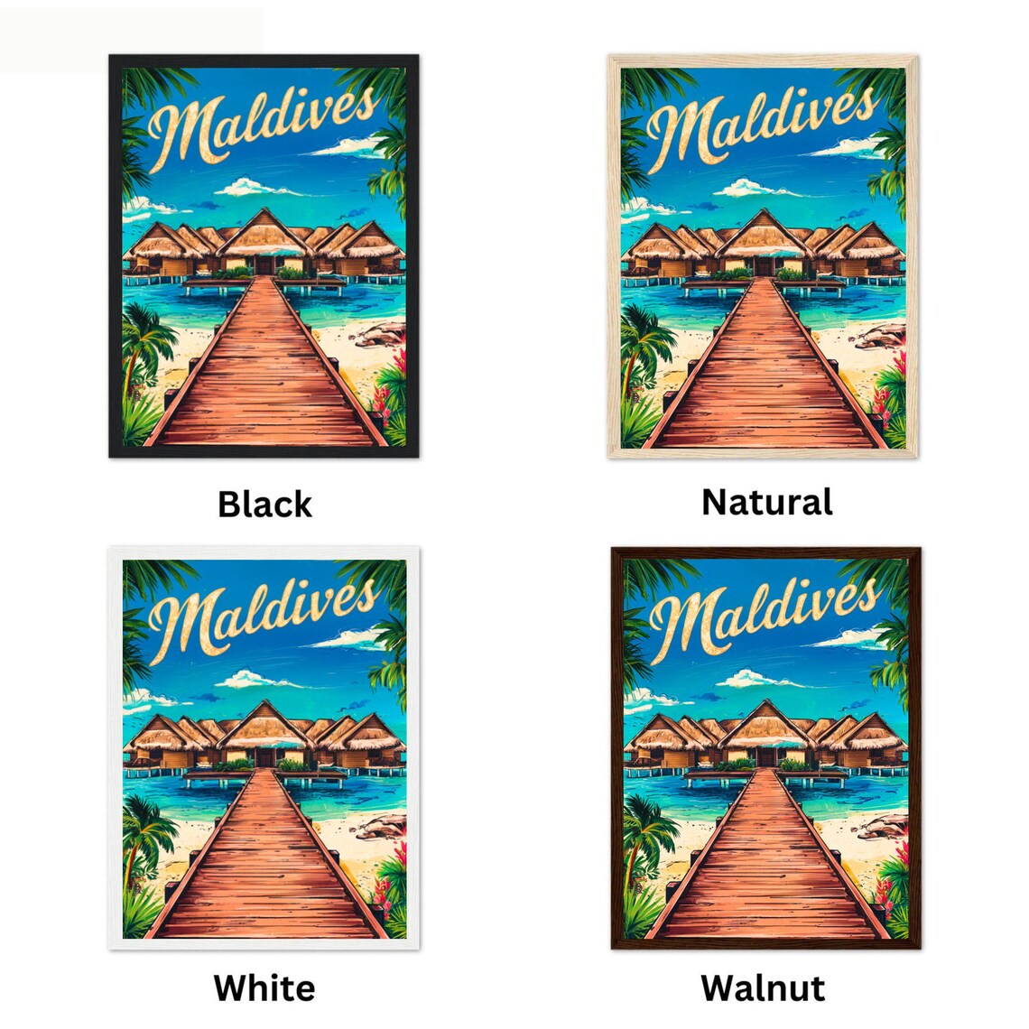 Maldives Overwater Bungalows and Wooden Jetty Retro Travel Poster - Image 4