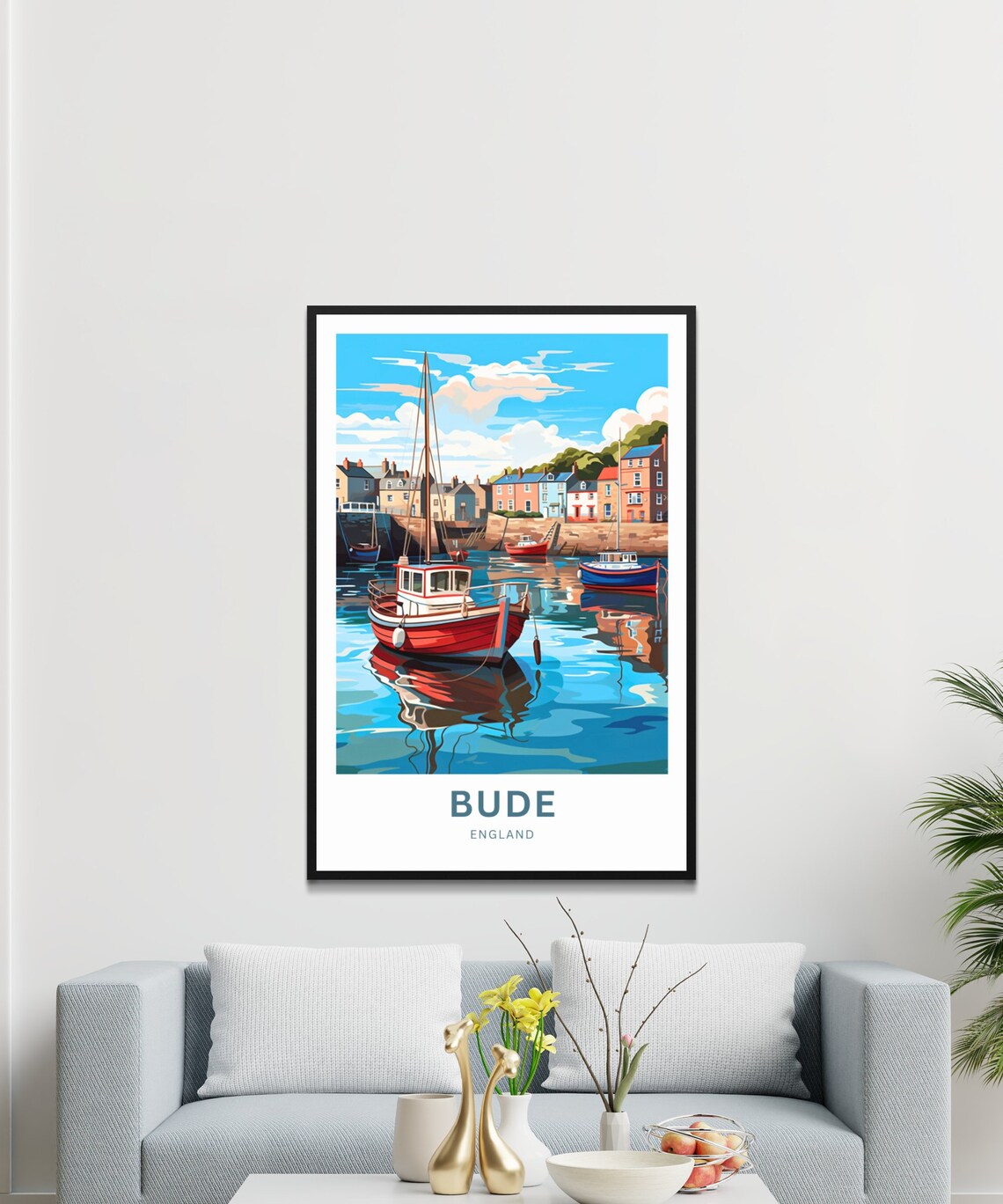 Bude England Harbor Red Fishing Boat Quayside Scene Travel Poster - Image 3