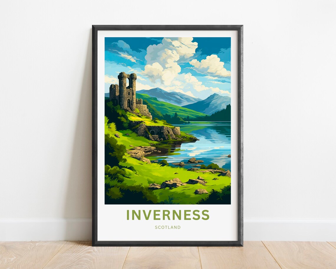 Inverness Scotland Castle Ruins Loch Shore Retro Travel Art Poster