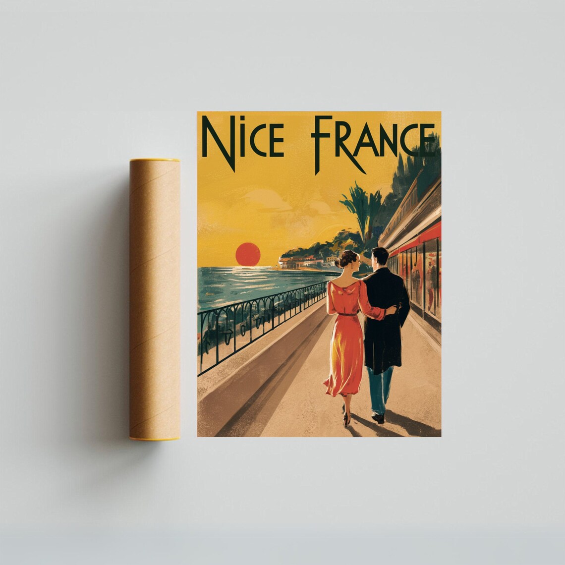 Nice France Art Deco Couple Strolling Sunset Promenade Poster - Image 4