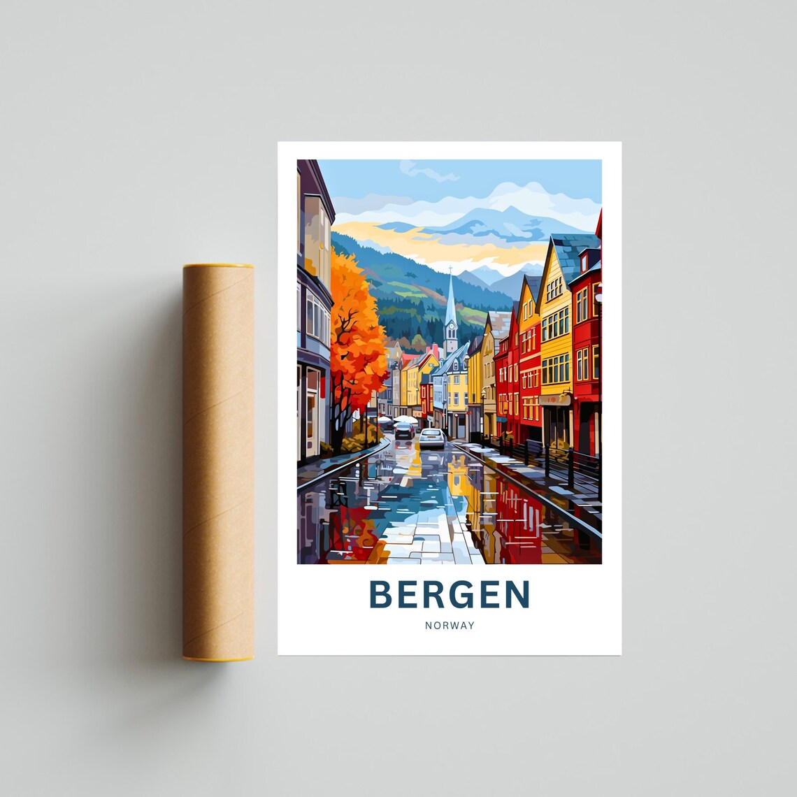 Personalized Bergen Norway Golden Autumn Rainy Street Scene Poster - Image 4