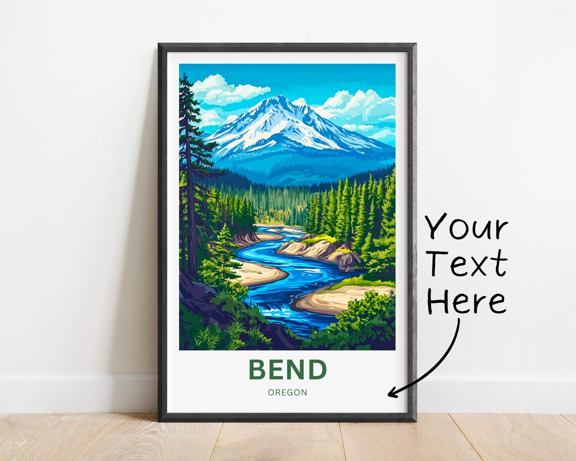 Bend Oregon Snow Capped Peak River Through Forest Travel Poster - Image 3