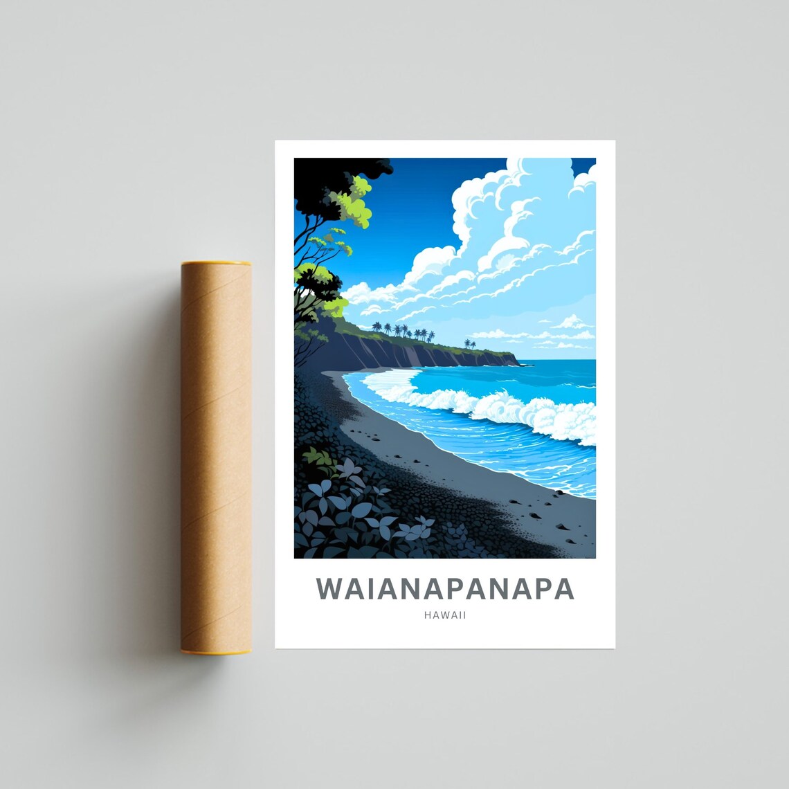 Waianapanapa Hawaii Black Sand Beach Surf Waves Cliffs Travel Poster - Image 4