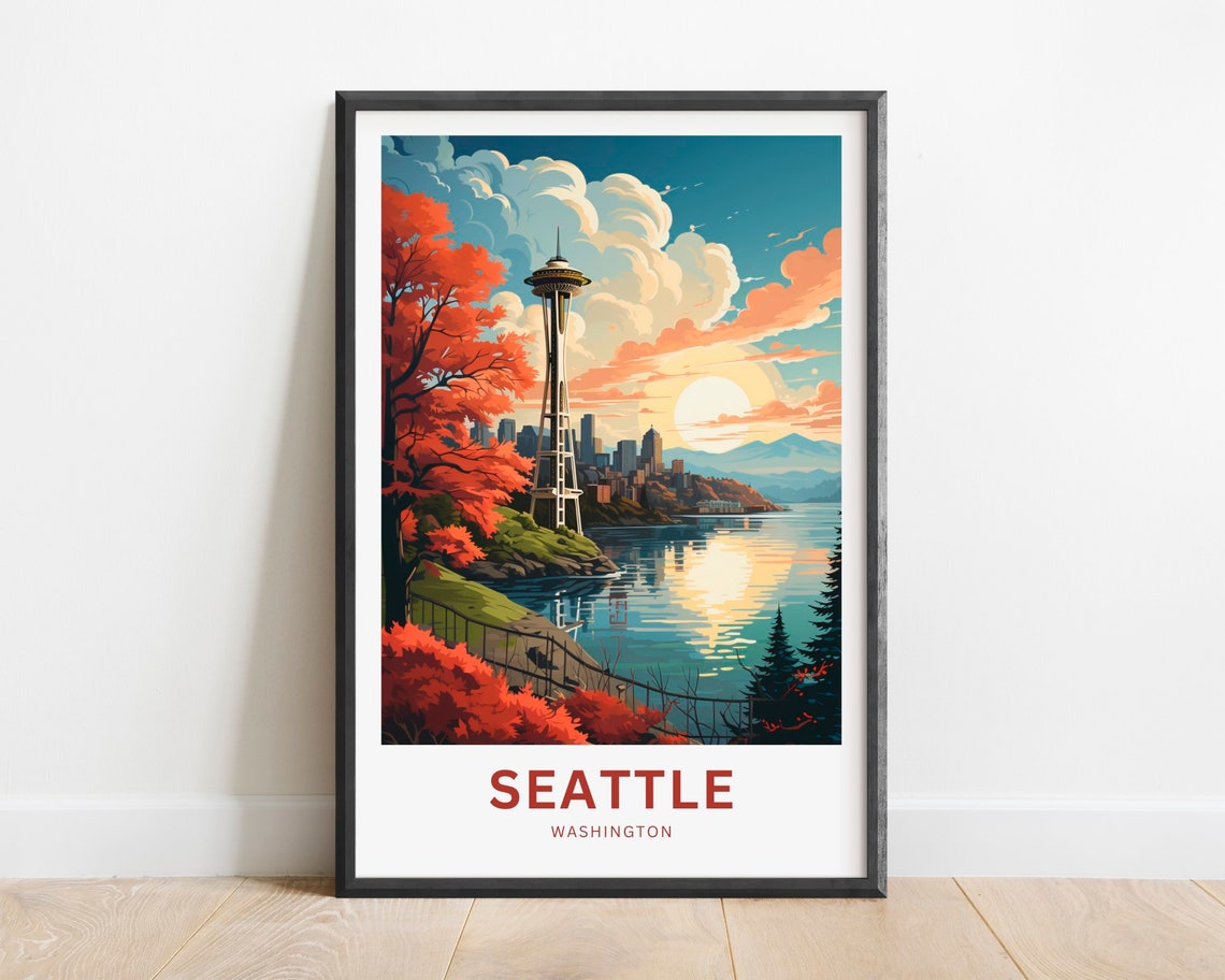 Seattle Washington Space Needle Sunset Skyline Fall Foliage Poster