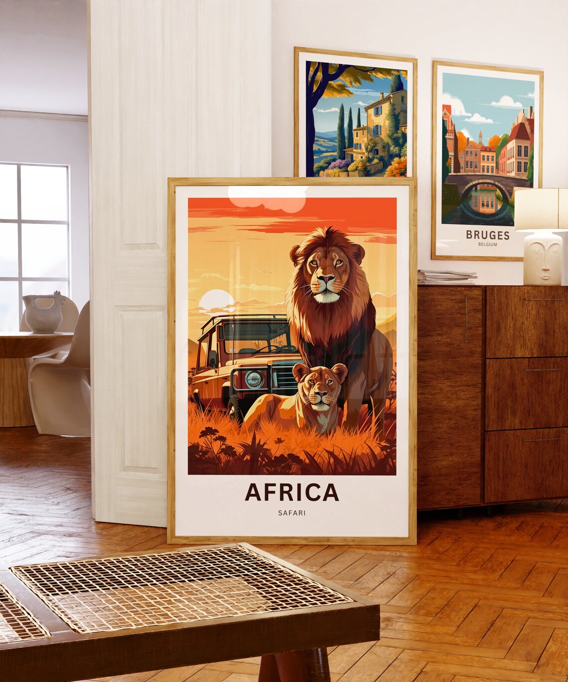 Africa Safari Lion Pair with Safari Vehicle Sunset Grass Poster - Image 5