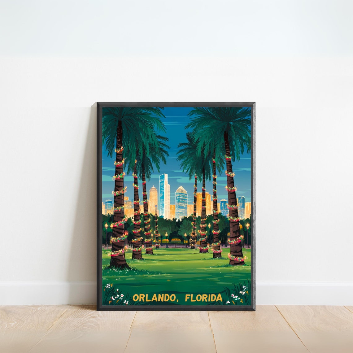 Orlando Florida Palm Trees Skyline Evening Vintage Travel Poster