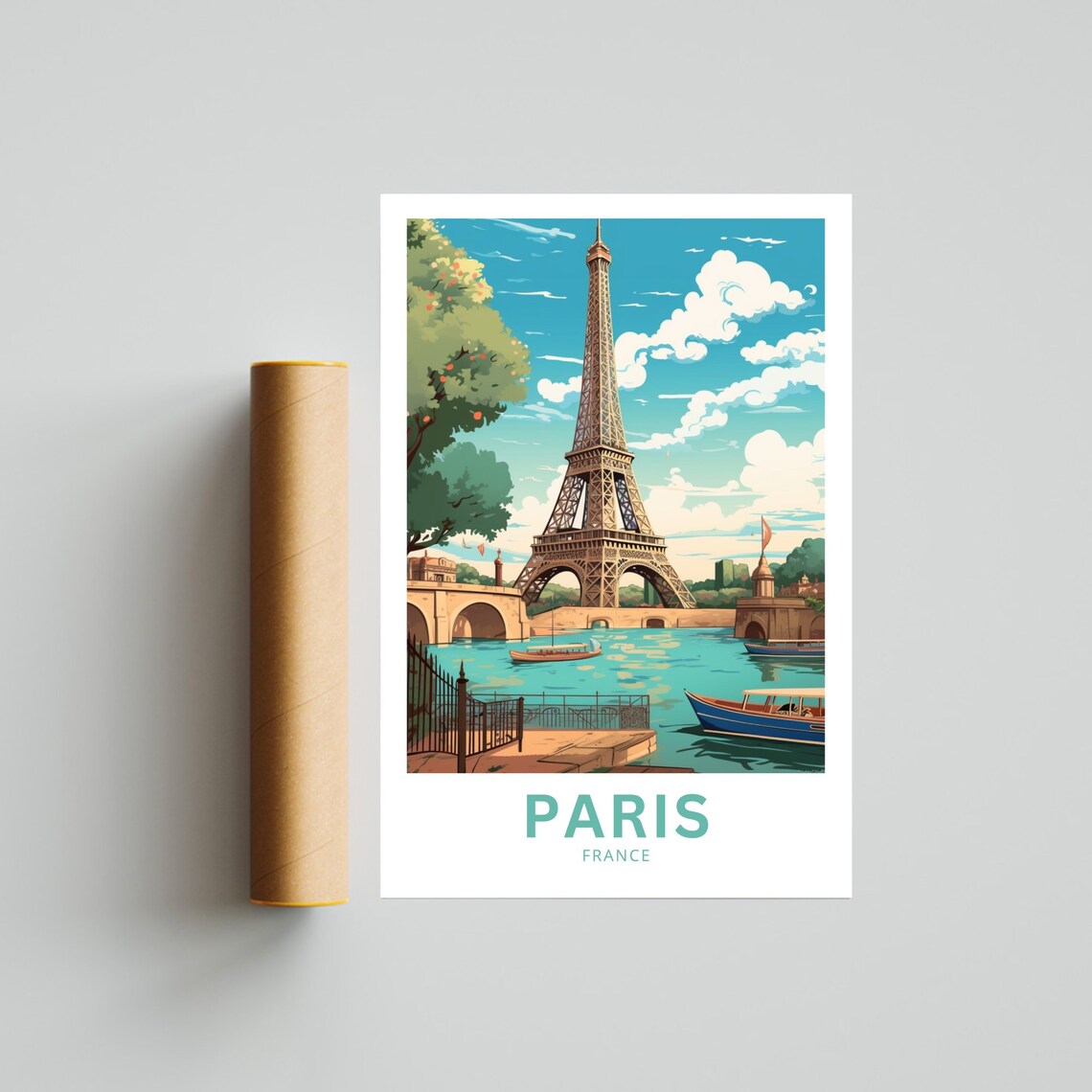 Paris France Eiffel Tower Bridge Boats Waterfront Travel Poster - Image 5
