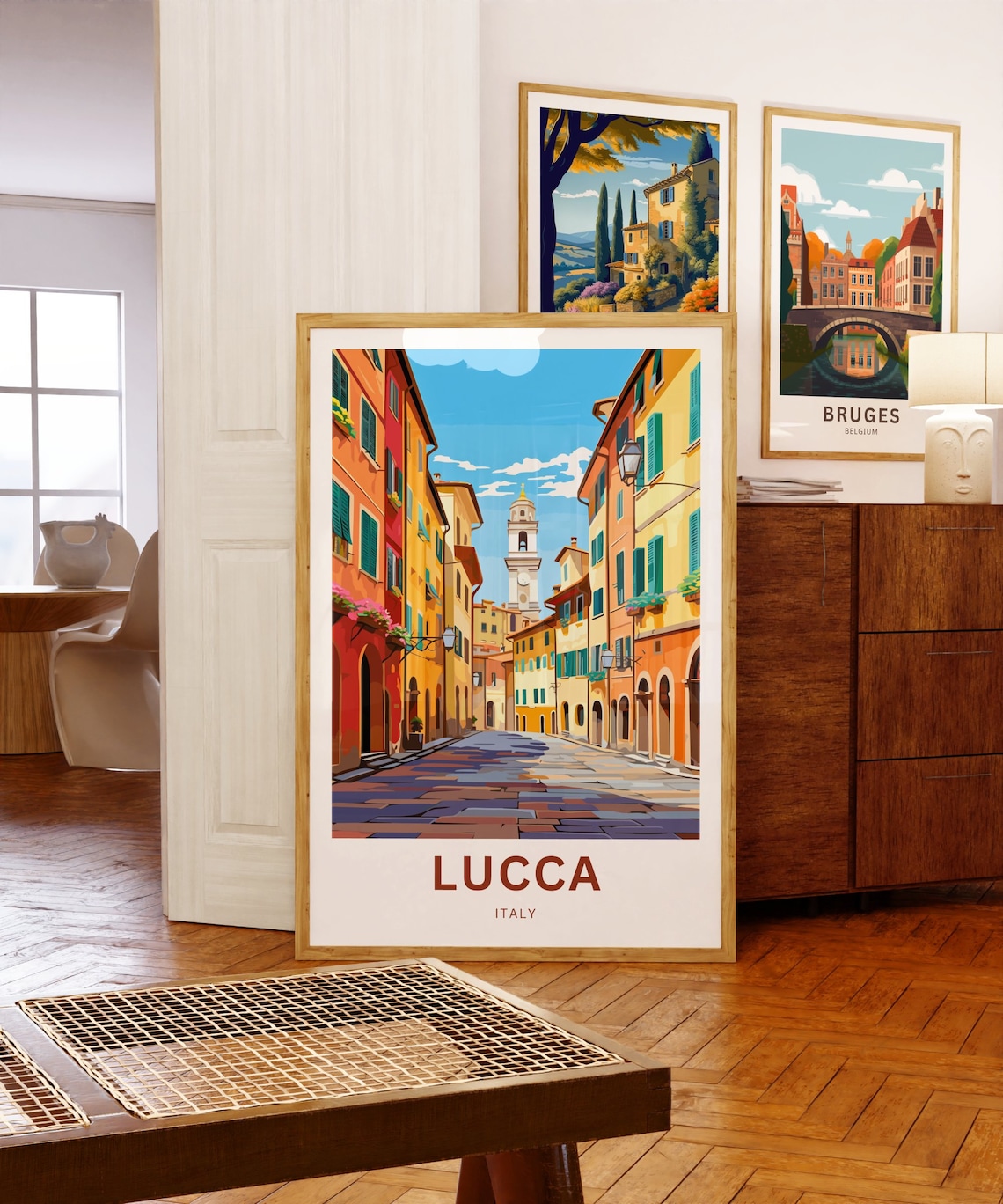 Lucca Italy Cobblestone Street Colorful Houses Clock Tower Poster - Image 5
