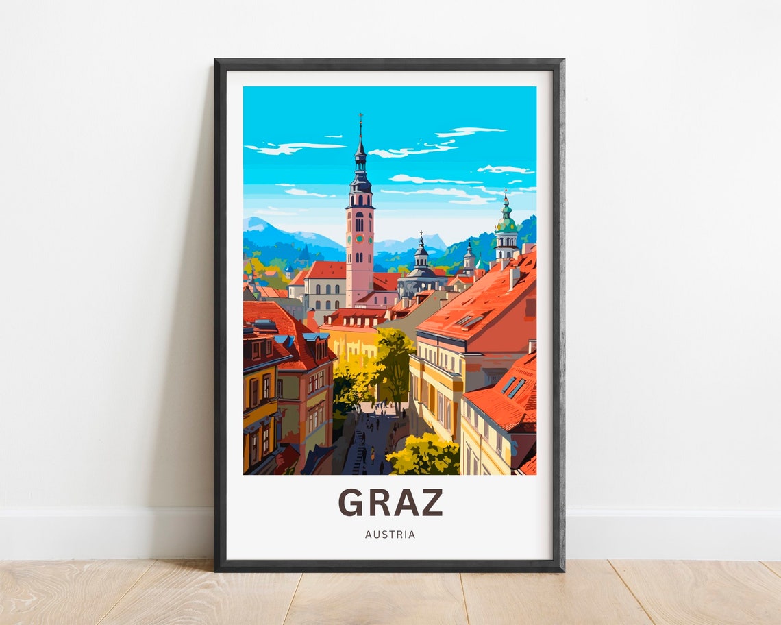 Graz Austria Historic Old Town Church Tower Travel View Poster