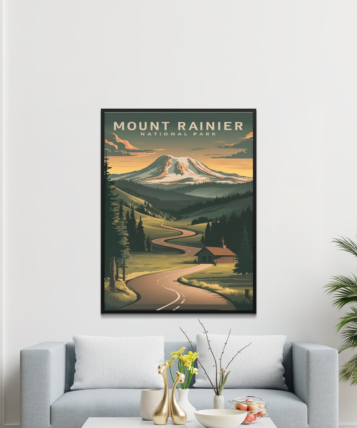 Mount Rainier National Park Vintage Poster with Valley Road and Cabin