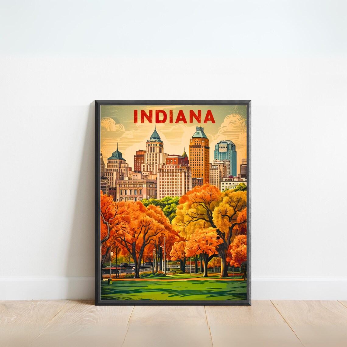 Indiana Retro City Skyline Autumn Trees Warm Fall Travel Poster