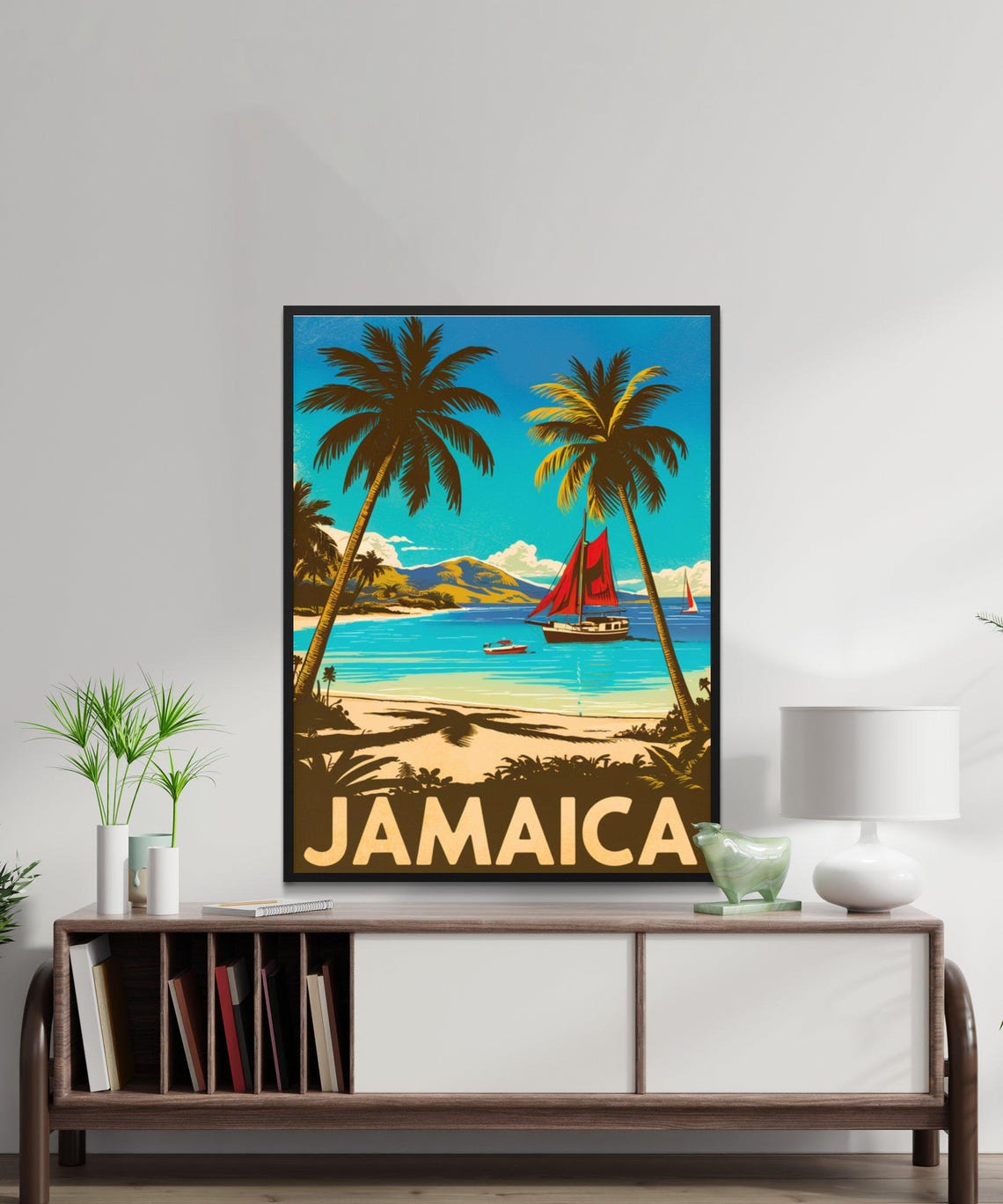 Jamaica Caribbean Sailboat Palm Beach Scene Vintage Travel Poster - Image 2