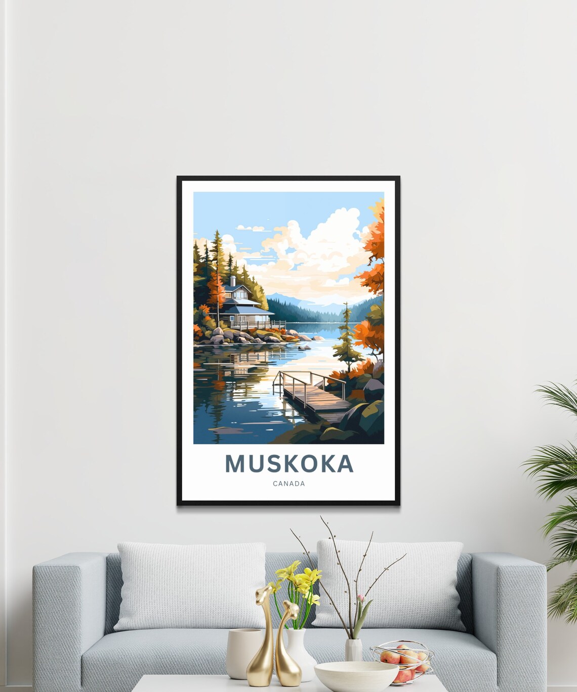 Muskoka Canada Autumn Lake Cottage Wooden Dock Art Travel Poster - Image 3