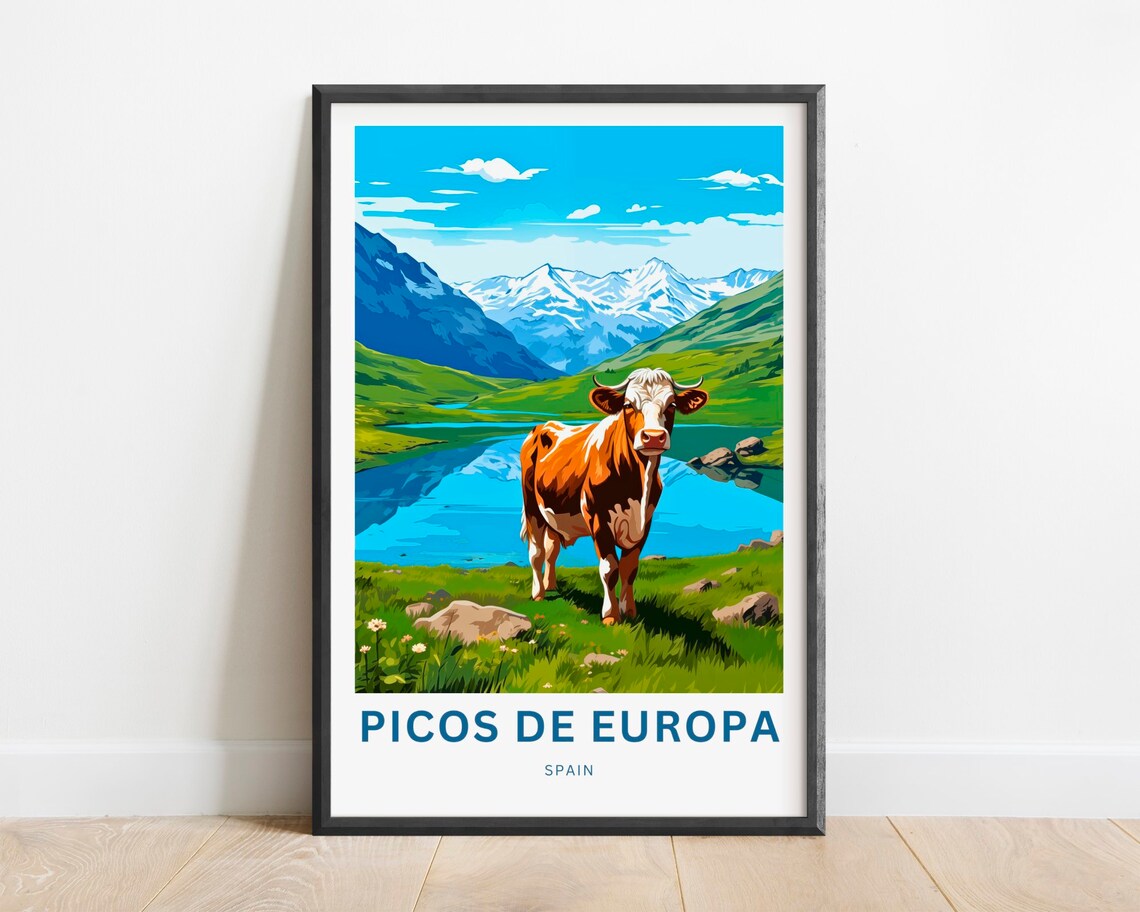 Picos De Europa Spain Mountain Valley Cow Meadow Travel Poster
