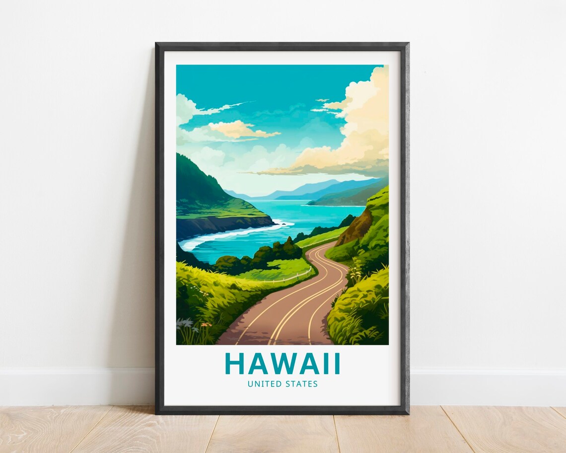 Hawaii Scenic Coastal Road Ocean View Vintage Travel Poster Art