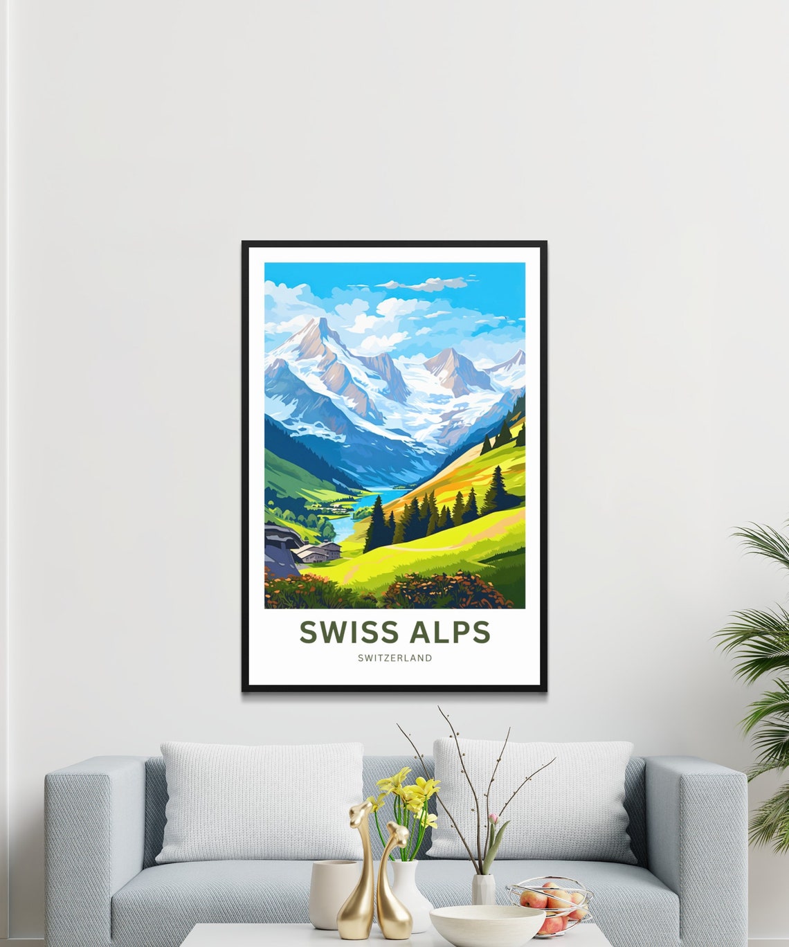 Swiss Alps Switzerland Snowy Peaks Valley Custom Text Travel Poster - Image 3