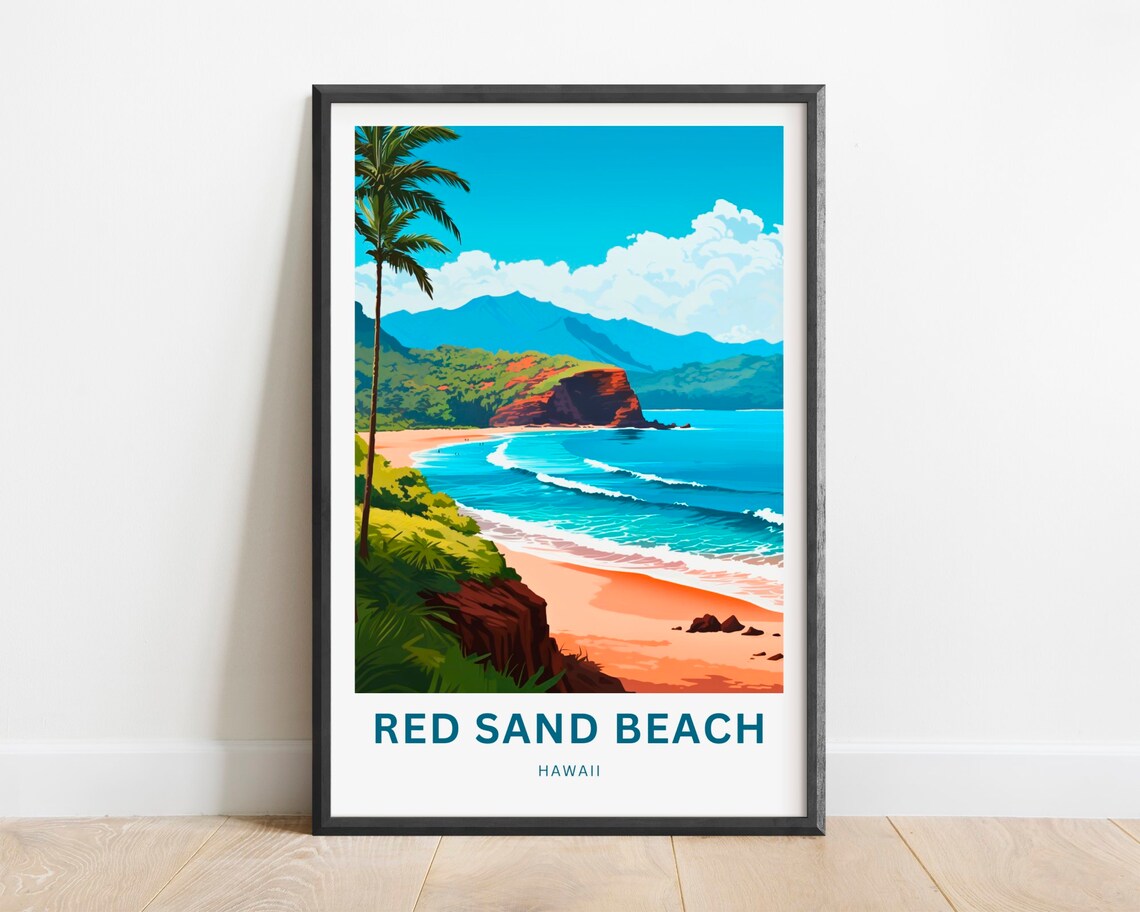Red Sand Beach Hawaii Teal Lettering Palm Cove Ocean Travel Poster