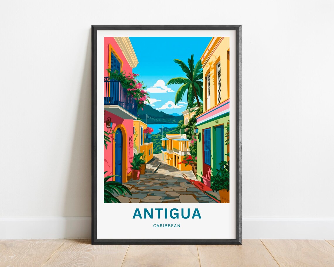 Antigua Caribbean Cobblestone Lane Palms Scene Travel Poster