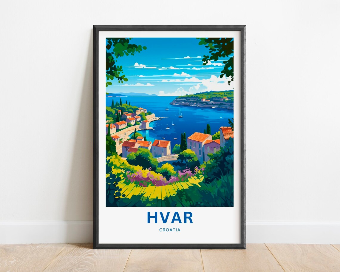 Hvar Croatia Coastal Bay Village Overlook Scenic Travel Poster