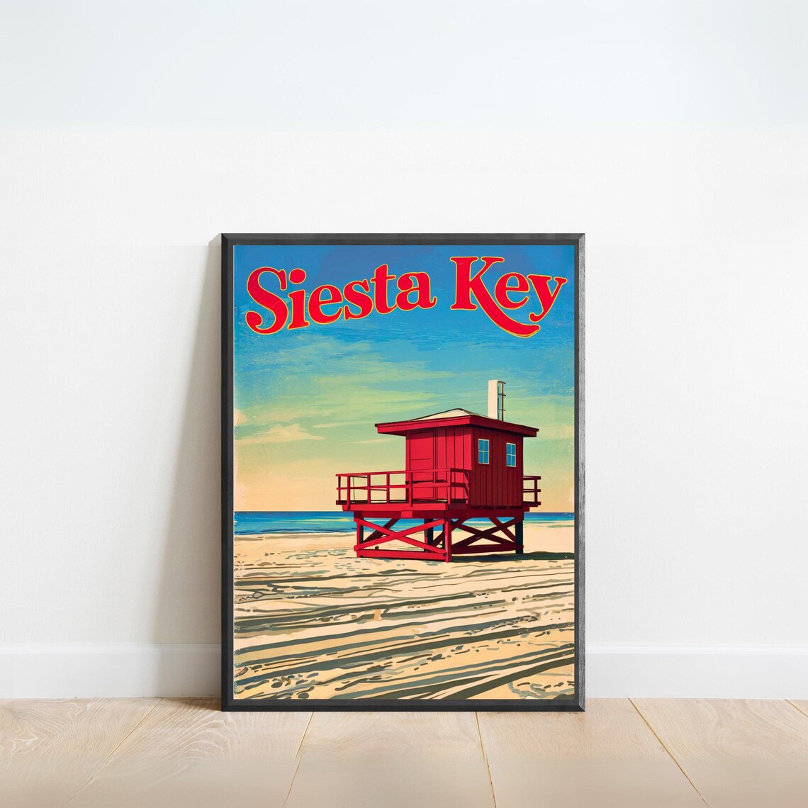 Siesta Key Florida Red Lifeguard Stand Beach Vintage Travel Poster
