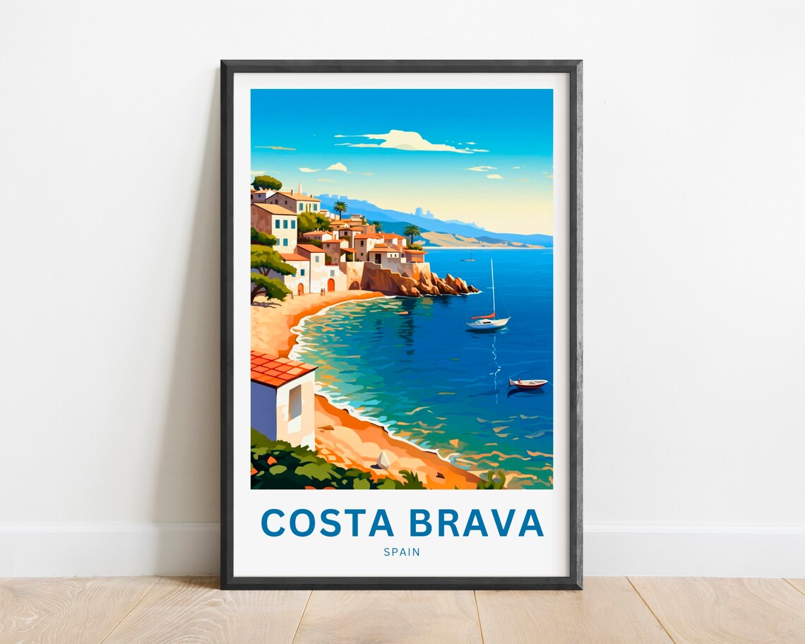 Costa Brava Spain Fishing Village Cove Turquoise Bay Scene Poster