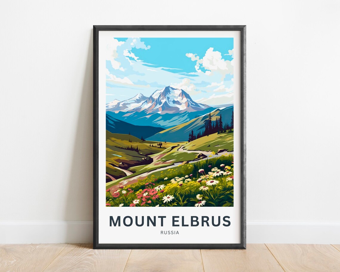 Mount Elbrus Russia Snowy Peaks Wildflower Meadow Scene Travel Poster