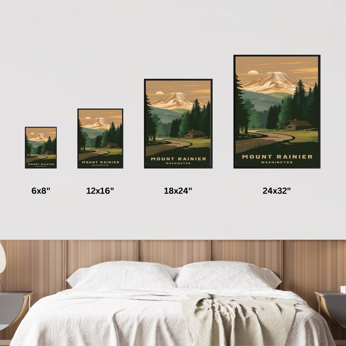 Mount Rainier Washington Retro Poster with Cabin Road and Setting Sun - Image 4