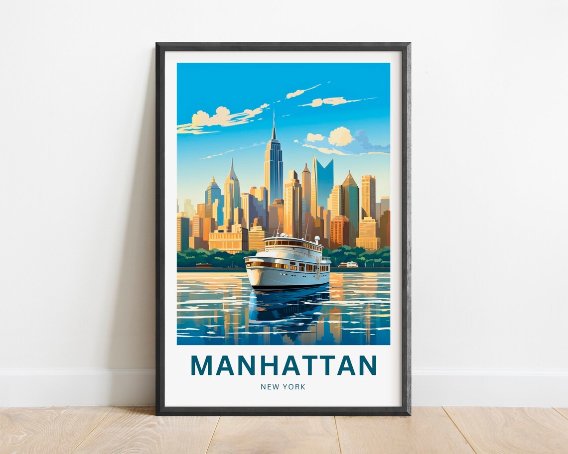 Manhattan New York Skyline Yacht Empire State Sunset Travel Poster