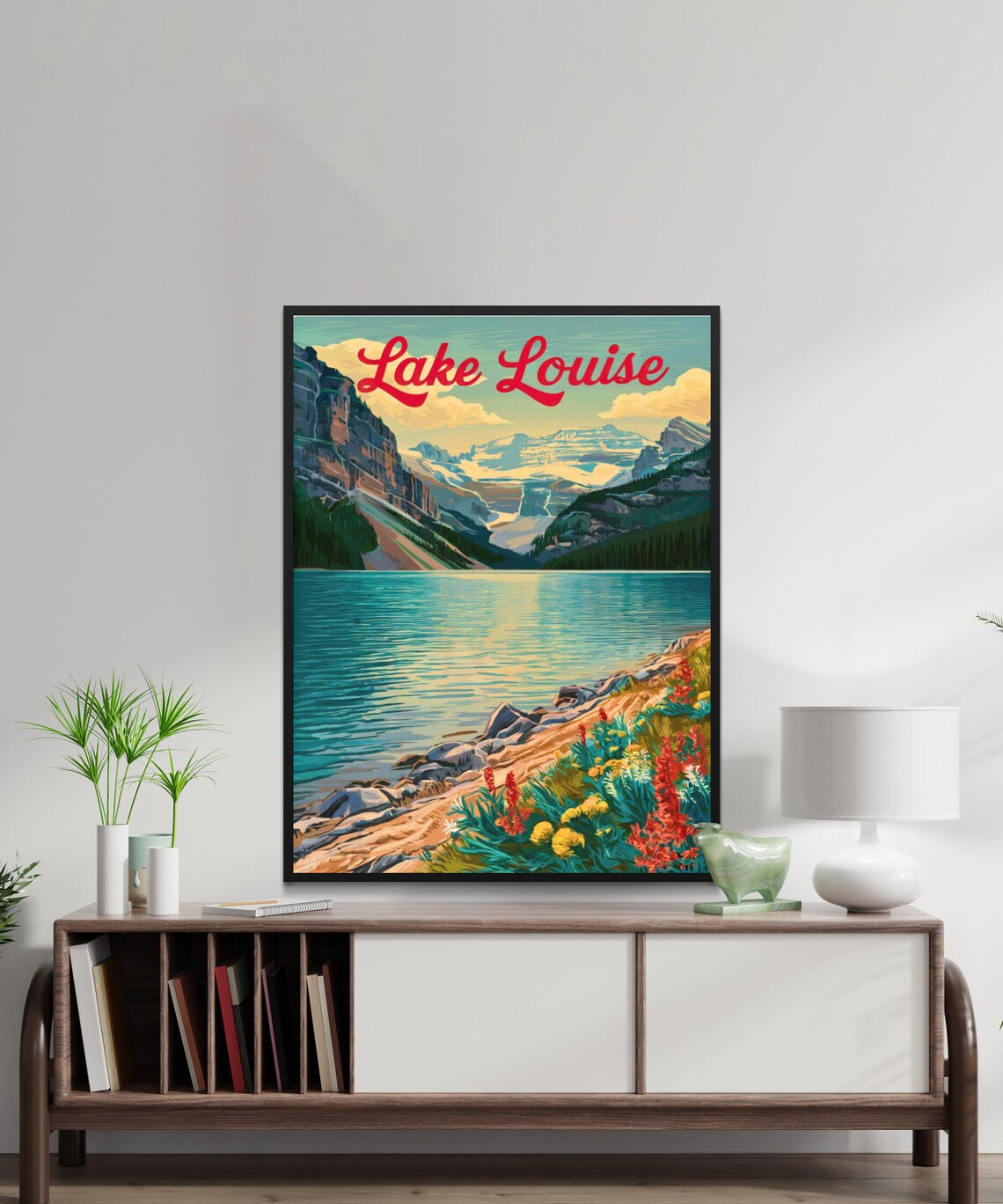 Lake Louise Rocky Shoreline Red Blooms Turquoise Water Vintage Poster - Image 3