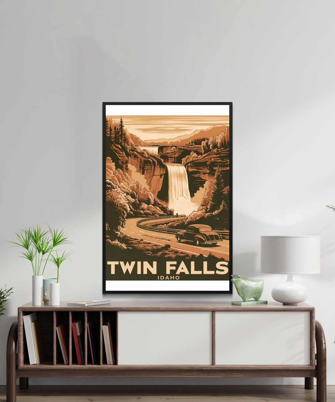 Twin Falls Idaho Sepia Waterfall Classic Car Vintage Travel Poster - Image 2
