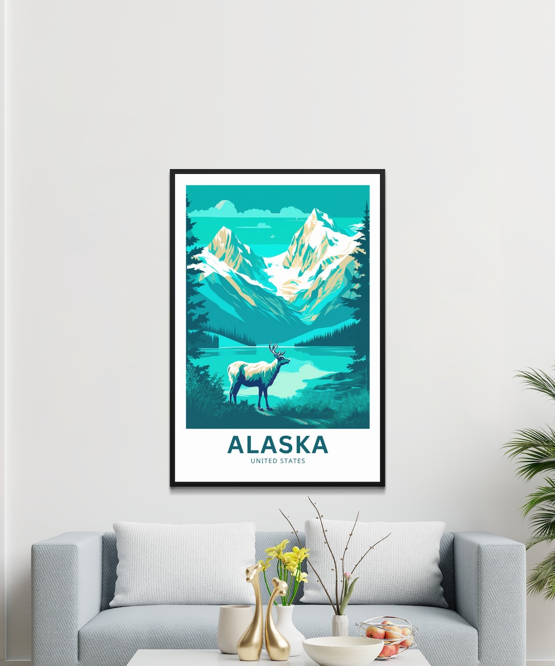Alaska Mountain Lake Elk Vintage Style Illustrated Travel Poster - Image 3