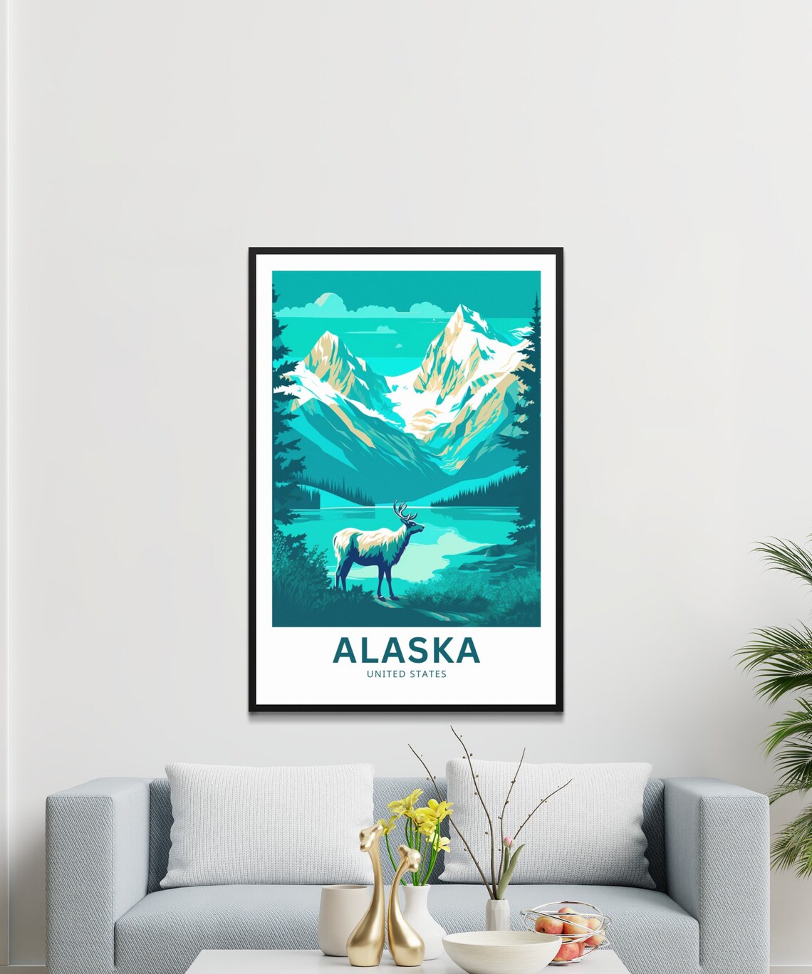 Personalized Alaska Elk Mountain Lake Illustrated Travel Poster - Image 3