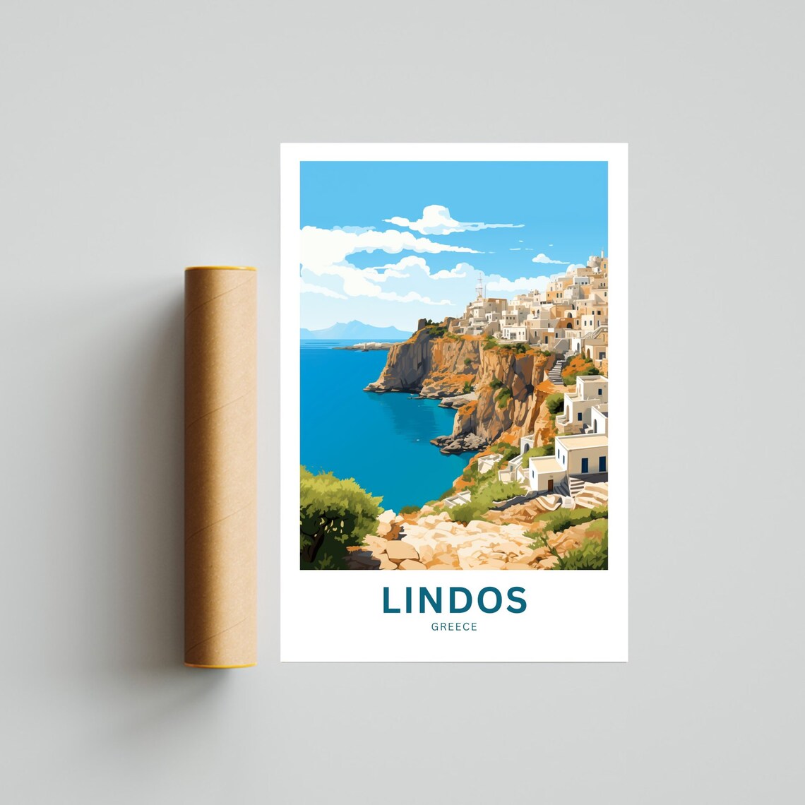 Lindos Greece Cliff Village Ocean View Mediterranean Travel Poster - Image 4