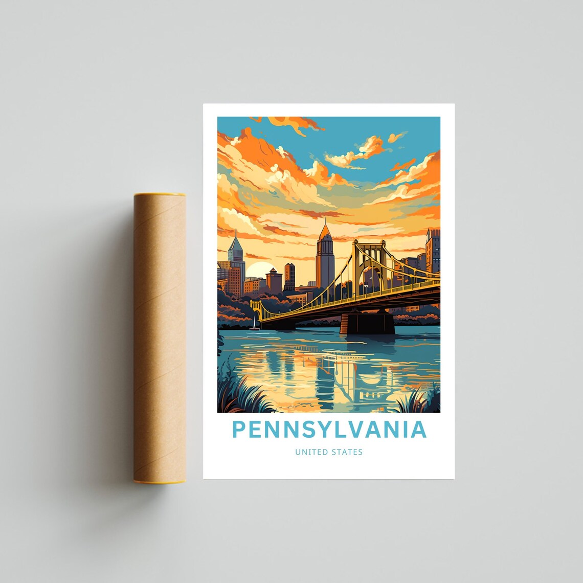 Pennsylvania United States Yellow Bridge Sunset River Travel Poster - Image 4
