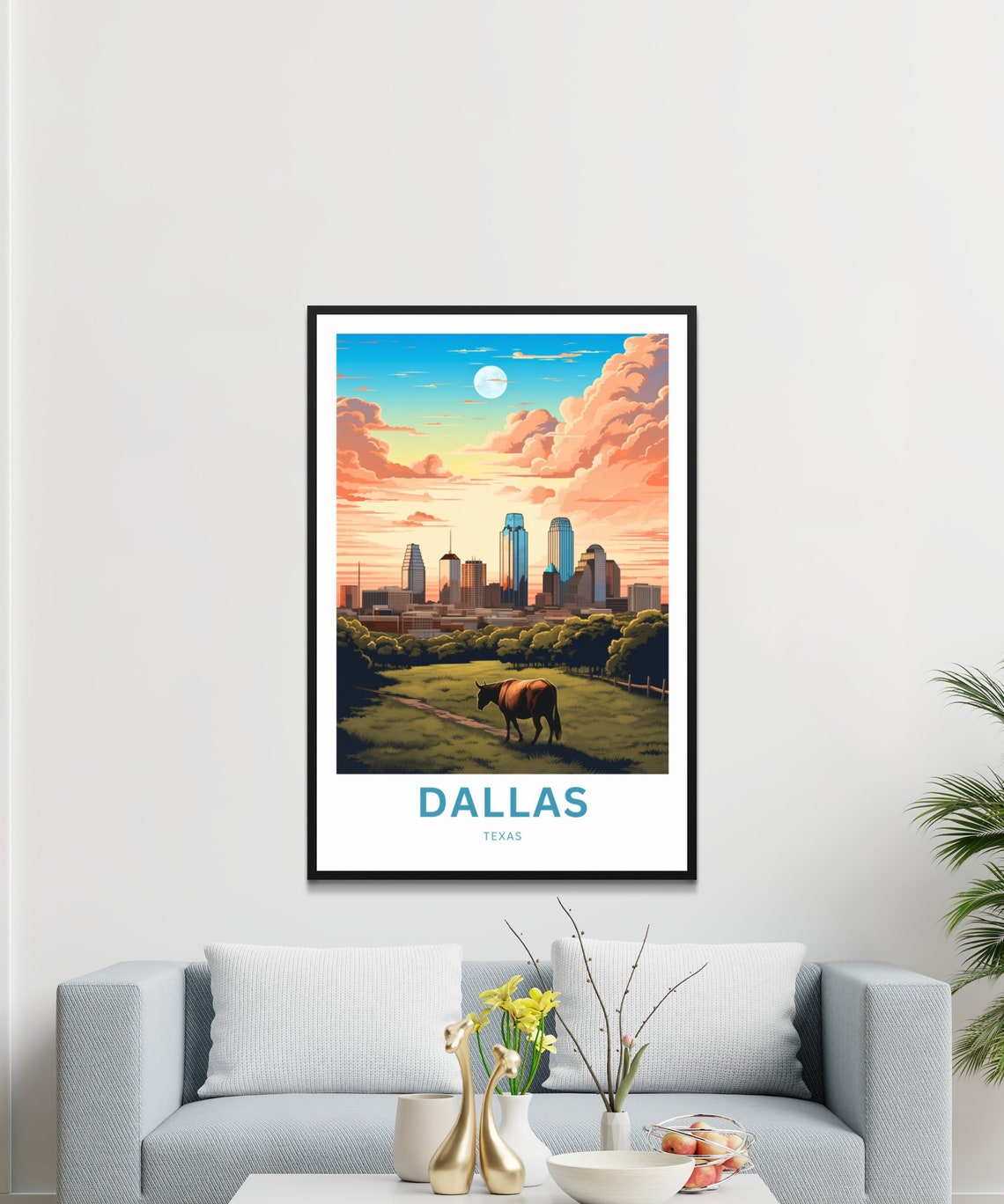 Dallas Texas Skyline Cattle Field Moonlit Night Travel Poster - Image 3