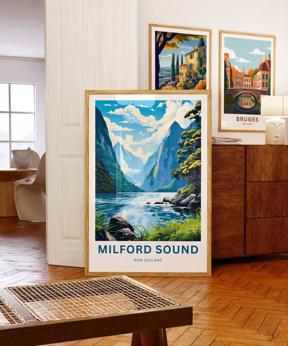 Milford Sound New Zealand Rocky Shore Calm Fjord Vintage Travel Poster - Image 5