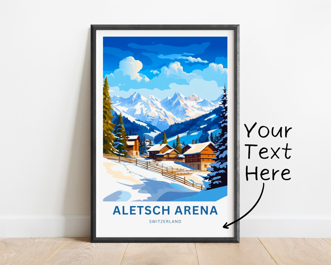 Aletsch Arena Switzerland Snowy Alpine Village Chalet Travel Poster