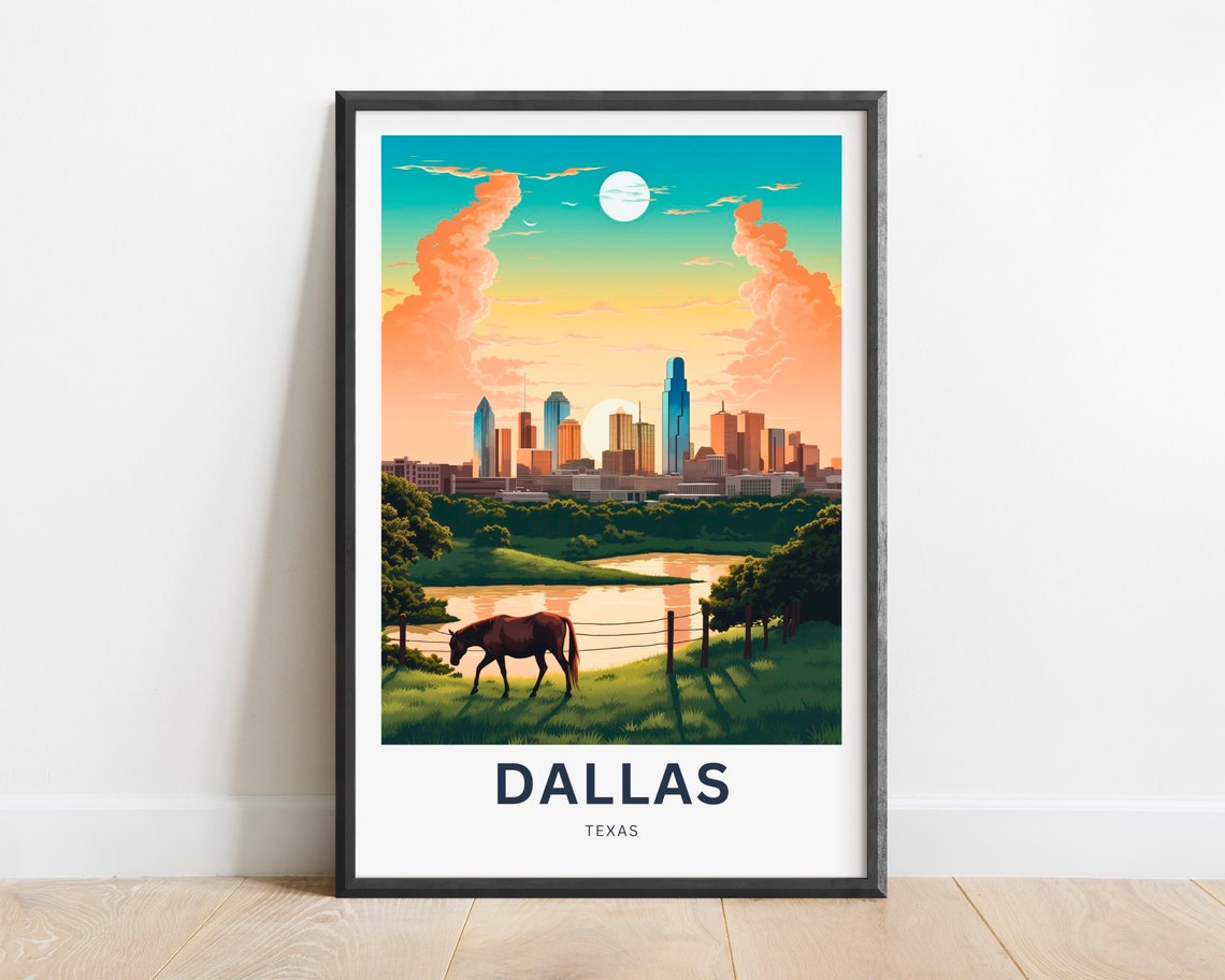 Dallas Texas City Skyline Moonlit Horse Field Night Travel Poster