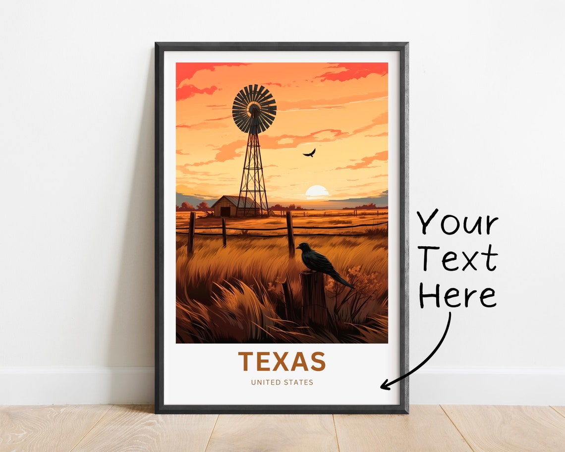 Texas Windmill Sunset Birds Fence Personalized Custom Text Poster