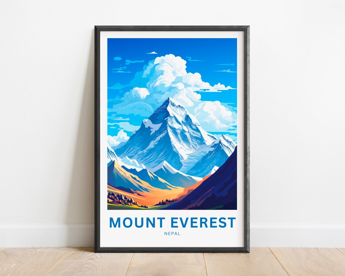 Mount Everest Nepal Snowy Himalayan Peak Blue Sky Travel Poster