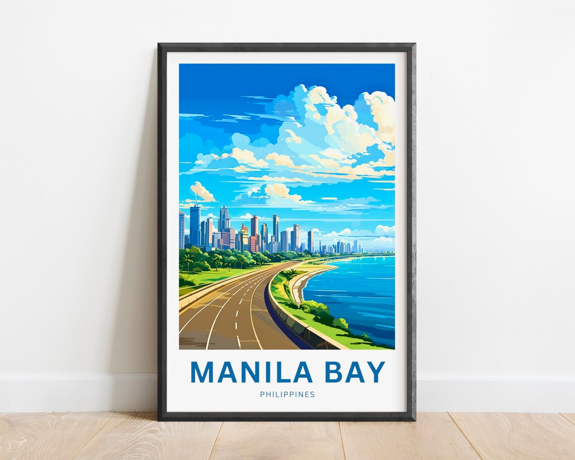 Manila Bay Philippines Skyline Coastal Road Modern Travel Poster