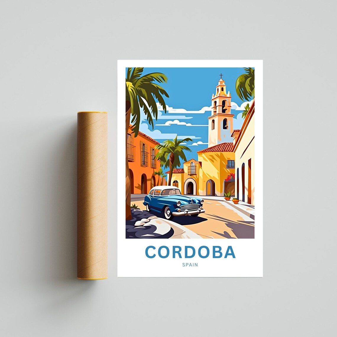 Cordoba Spain Bell Tower Blue Classic Car Custom Travel Poster - Image 4