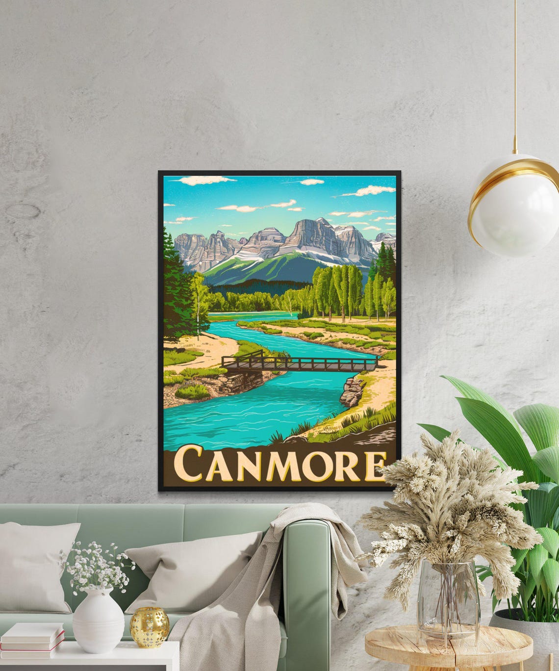 Canmore Canada Vintage Mountain River Poster Rocky Peaks Bridge Scene - Image 2