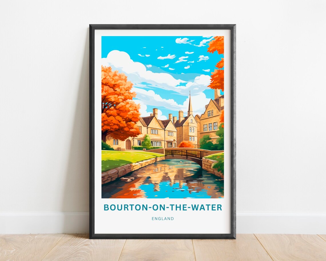 Bourton On The Water England Autumn Cottages Bridge Travel Poster