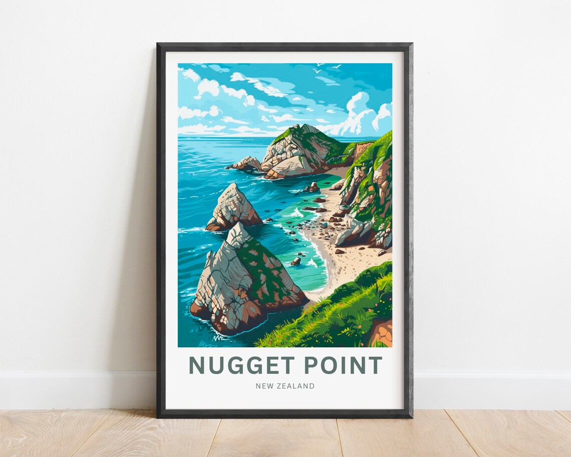 Nugget Point New Zealand Rocky Coast Retro Style Travel Poster