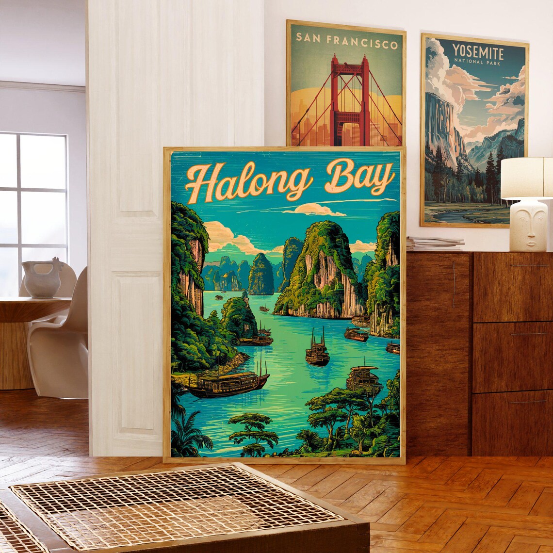 Halong Bay Vintage Limestone Karsts Junk Boats Travel Poster - Image 3