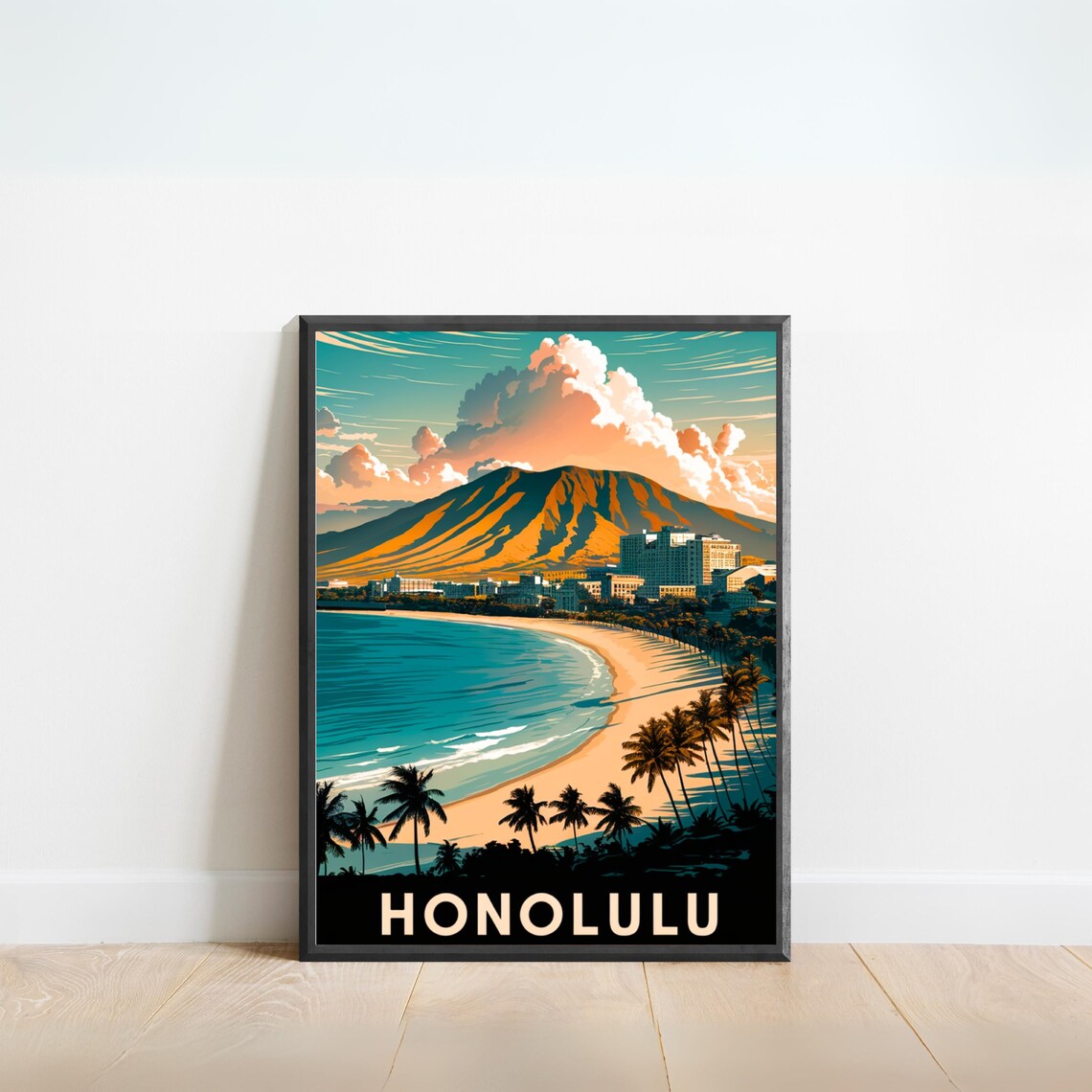 Honolulu Hawaii Waikiki Beach Diamond Head Vintage Style Poster