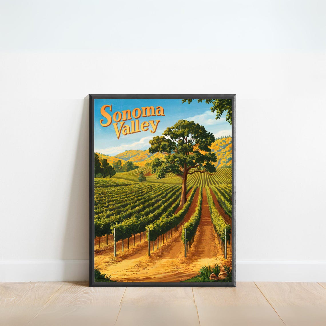 Sonoma Valley California Vintage Vineyard Poster Oak Tree Golden Hills