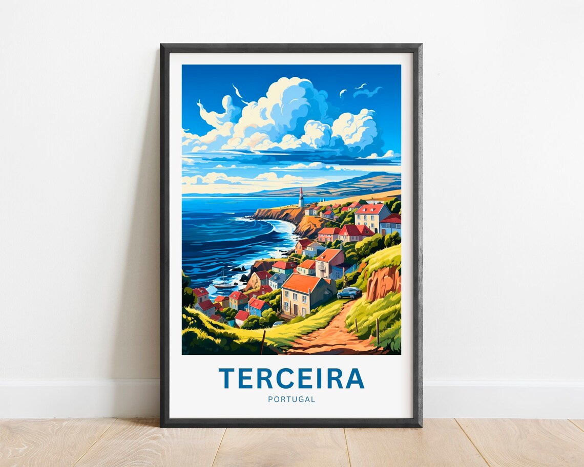 Terceira Portugal Coastal Town Lighthouse Cliffs Travel Poster