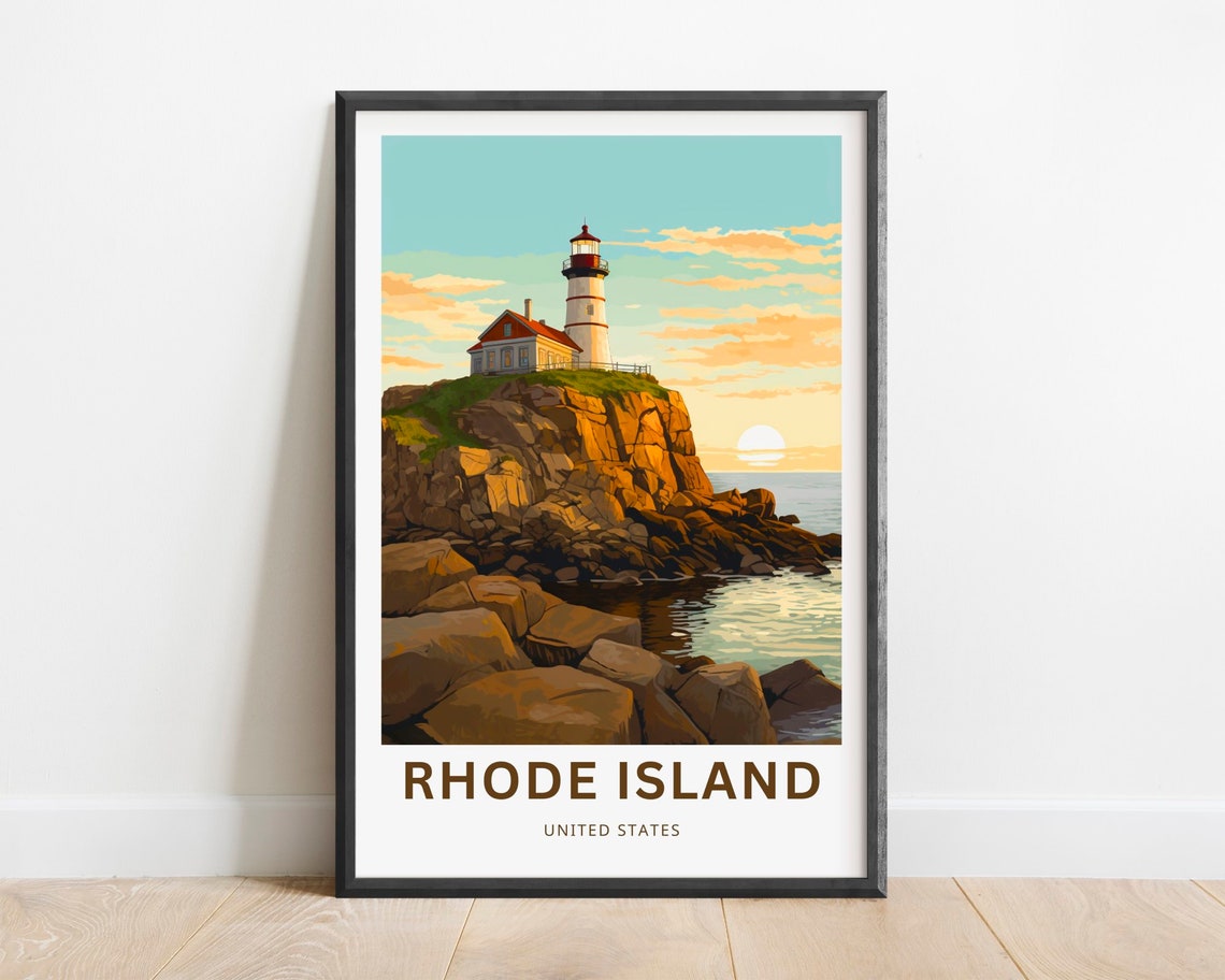 Rhode Island Lighthouse Sunset Ocean Rocky Shore Travel Poster